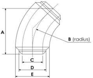 AISI 4130 45 Deg 3D Double Backed Elbow Dimensions